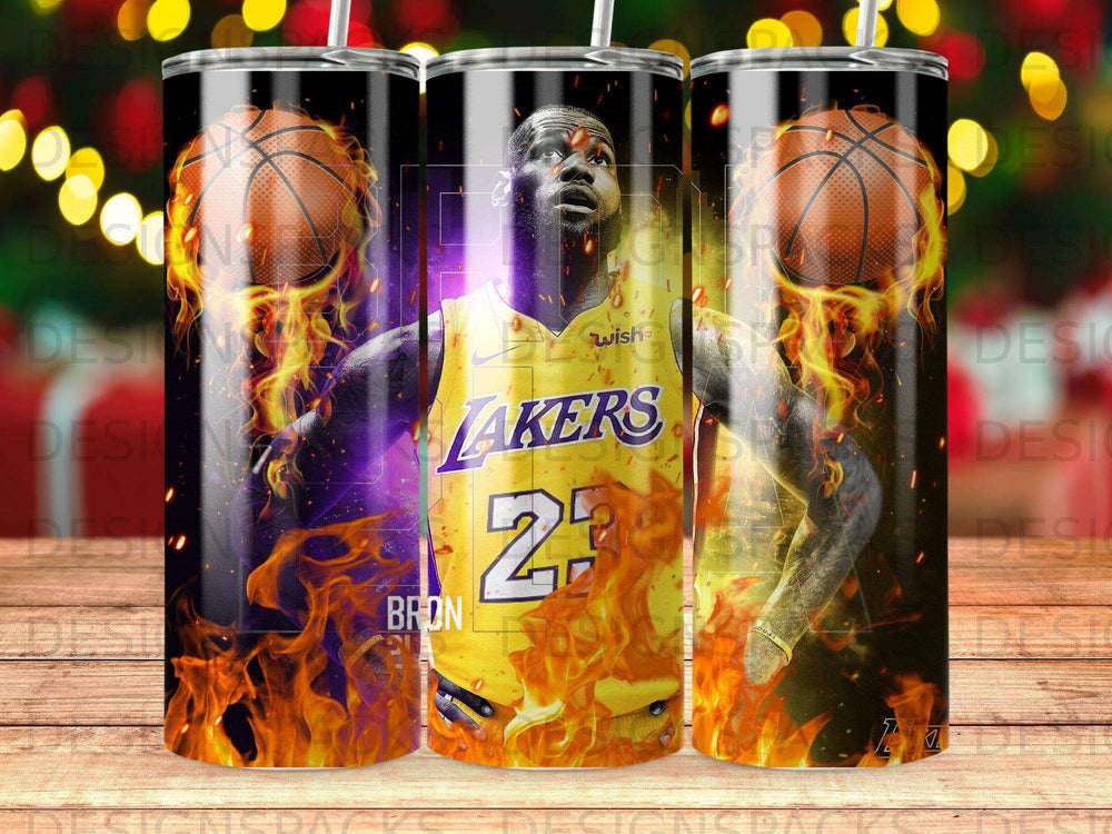 LeBron James in Lakers jersey with basketball and flames, 23.