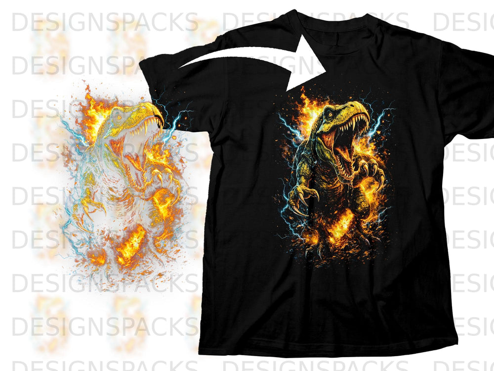 Black t-shirt with a fierce dinosaur graphic surrounded by fire and lightning.