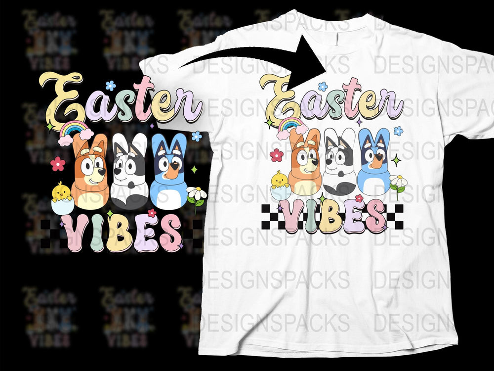 Easter Vibes T-Shirt, Cute Bunny Cartoon Characters, Spring Festival Apparel for Kids and Adults