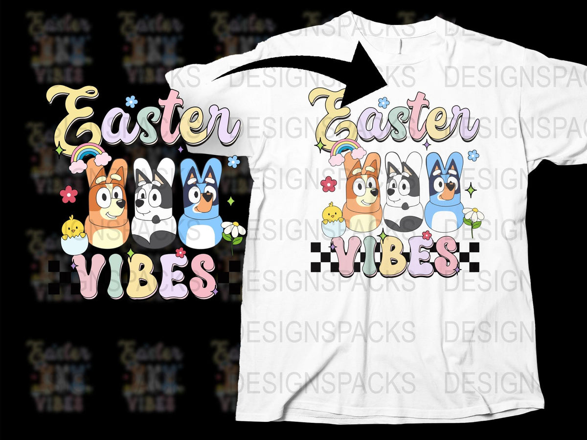 Easter Vibes T-Shirt, Cute Bunny Cartoon Characters, Spring Festival Apparel for Kids and Adults