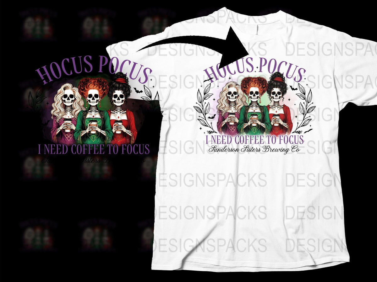 Hocus Pocus I Need Coffee to Focus T-Shirt, Halloween Skeleton Graphic Tee, Witchy Coffee Lover Gift