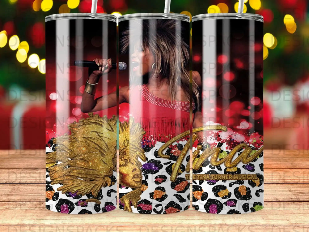 Tina Turner Musical tumbler with glitter, leopard print, and microphone.