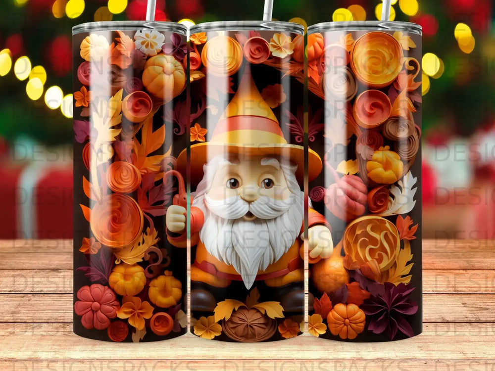 Fall gnome with pumpkins and autumn leaves on a tumbler.