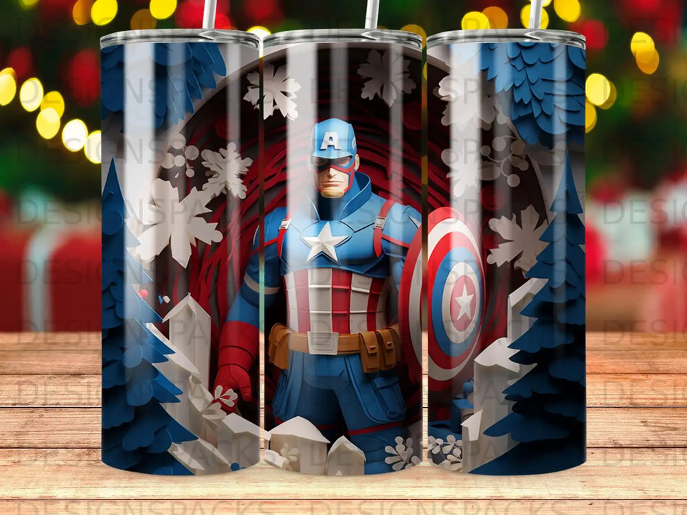 Captain America in costume with shield, surrounded by snowy trees and snowflakes.