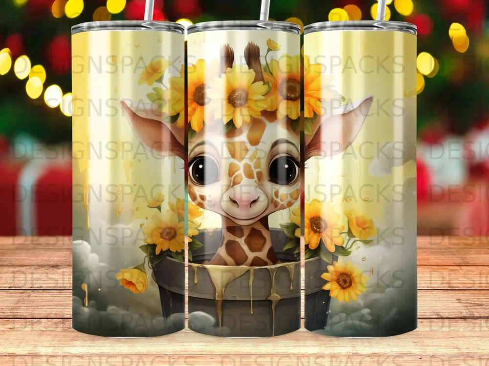 Giraffe with sunflowers in a bucket on a tumbler.