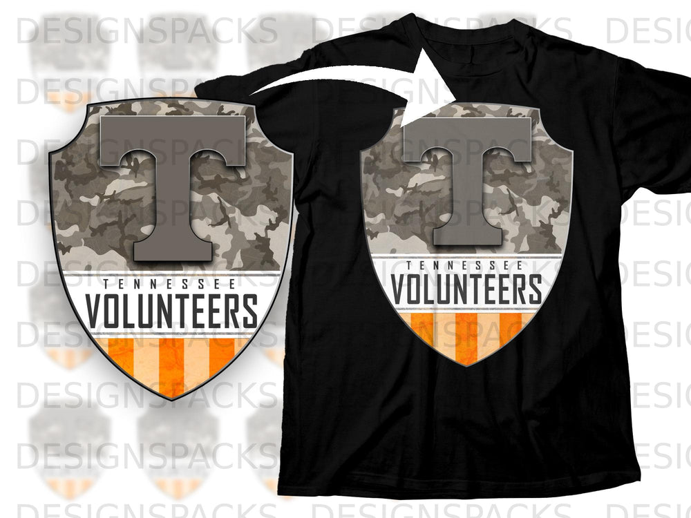 Black t-shirt with Tennessee Volunteers shield logo in camouflage print.