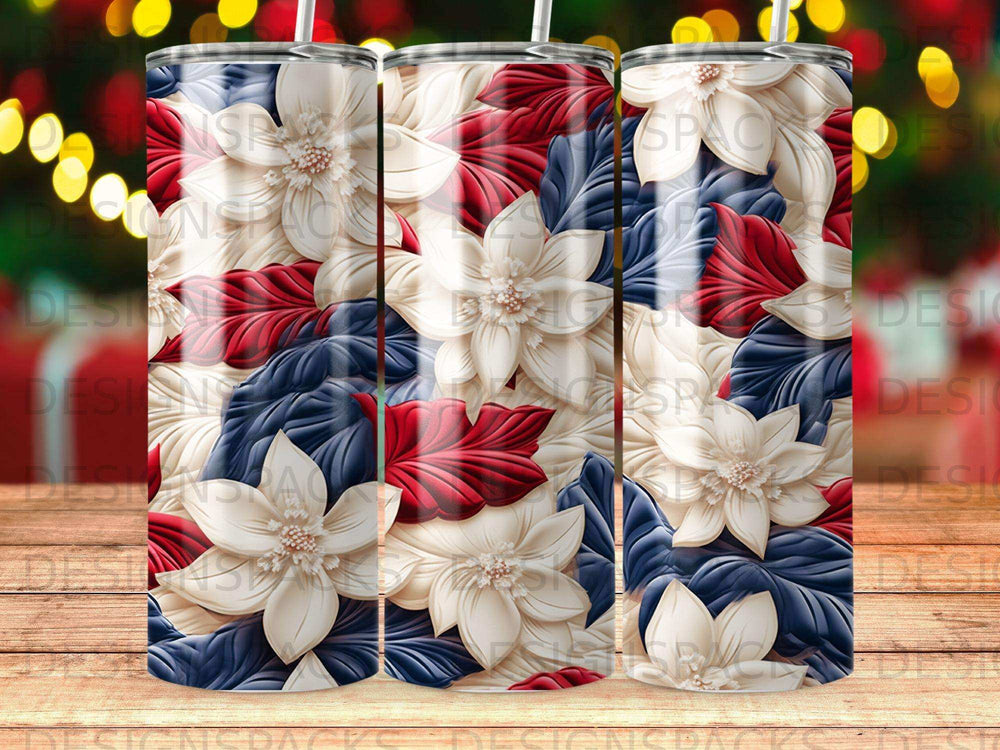Floral tumbler with white, red, and blue flowers and leaves.