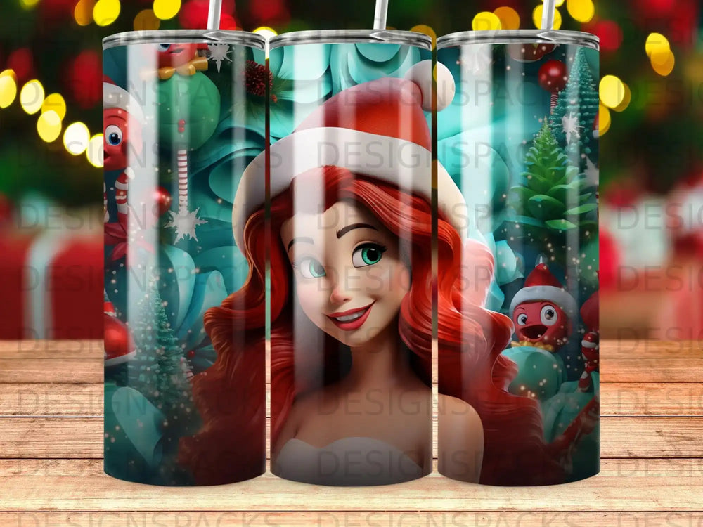 Ariel from The Little Mermaid with Christmas decorations and snow.