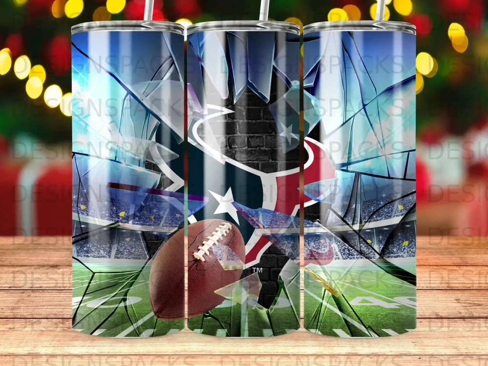 Football and stadium cracked glass design on three tumblers.