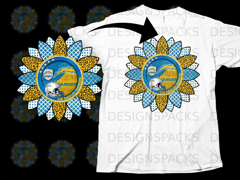 Los Angeles Chargers sunflower design on a white t-shirt.