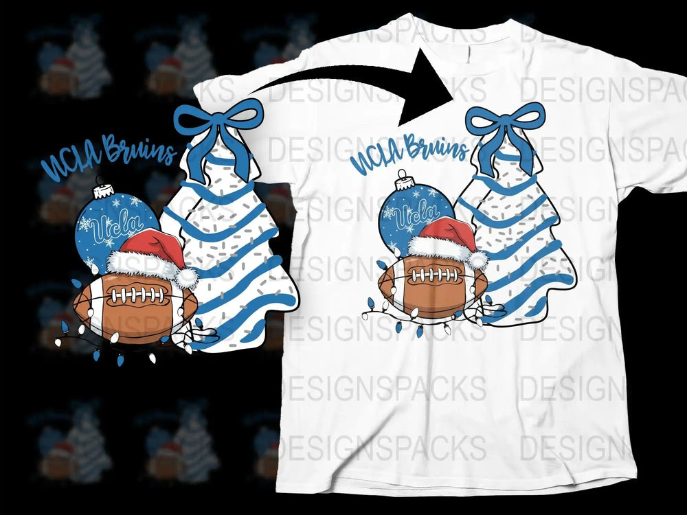 UCLA Bruins Christmas T-Shirt, Festive Holiday Football Graphic Tee, Santa Hat and Ball Design, Blue and White