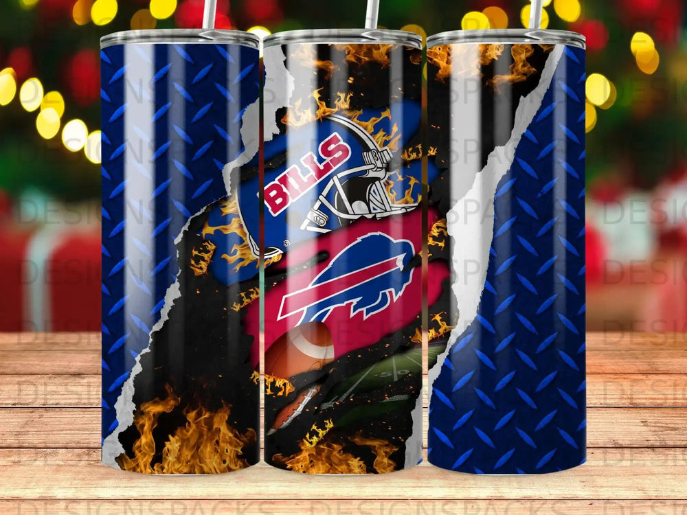 Buffalo Bills helmet and football with flames and distressed metal background.