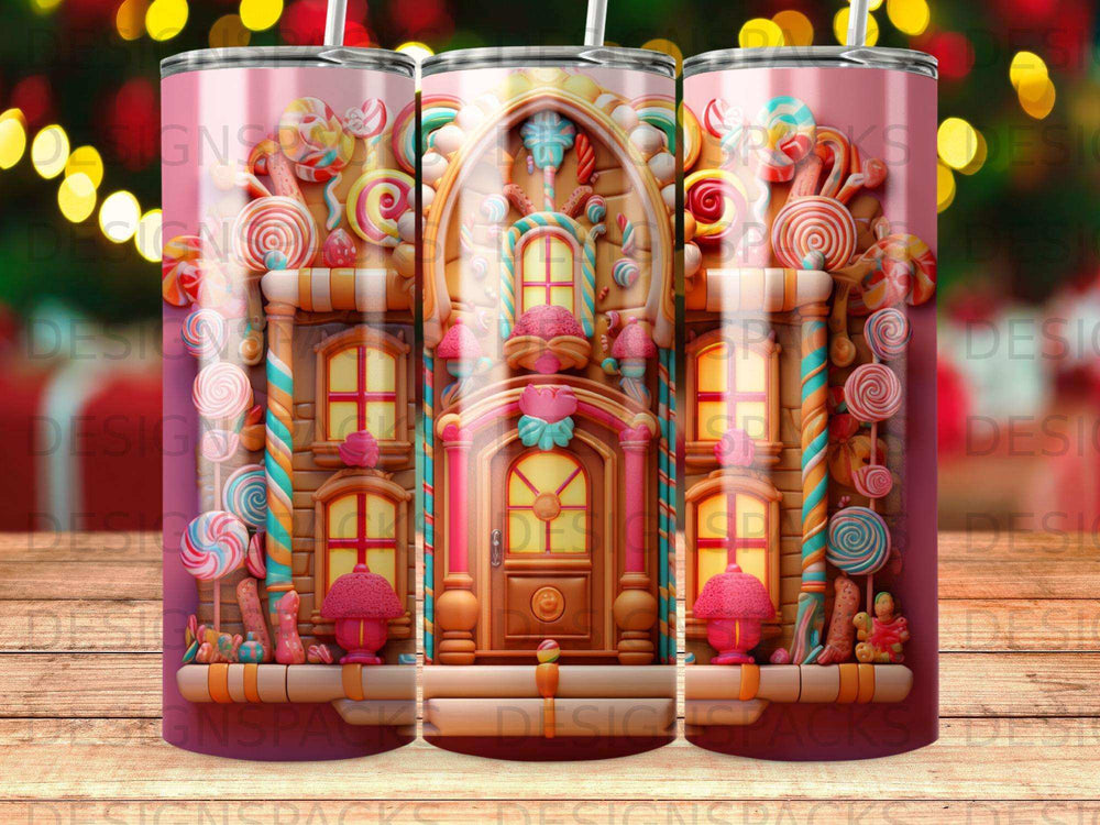 Candy-themed gingerbread house with swirling pink and purple background.