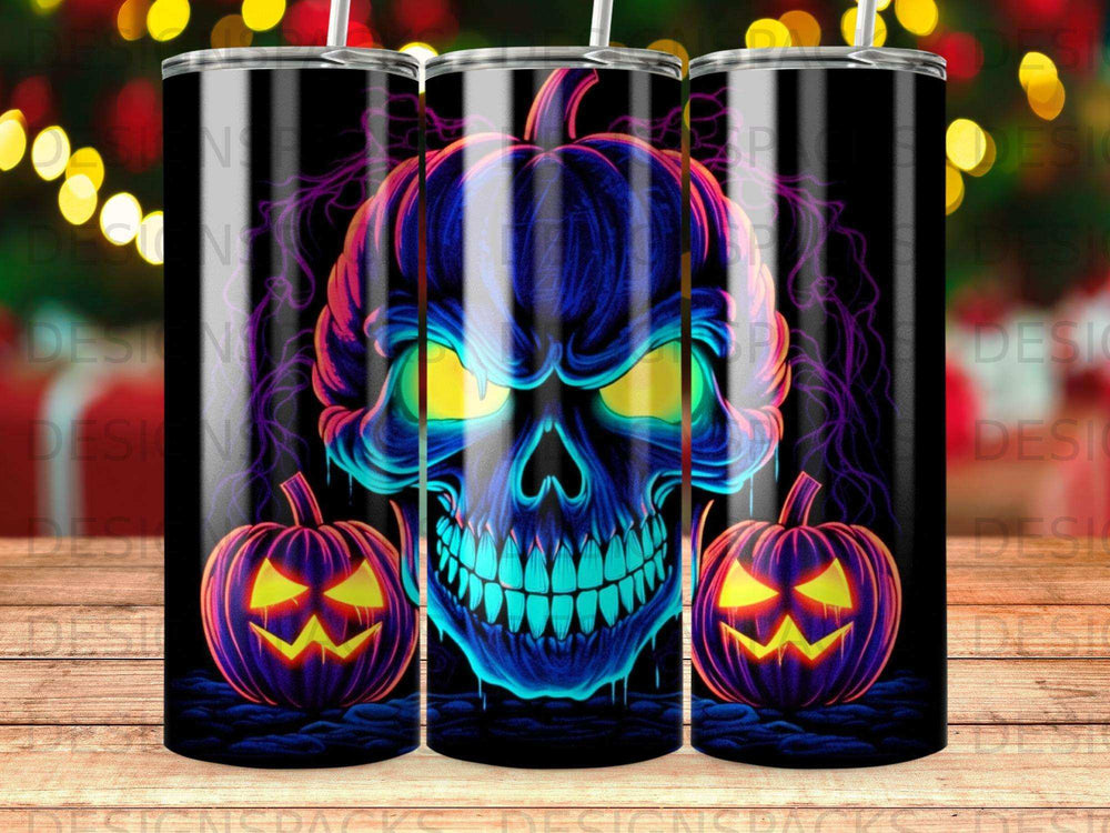 Halloween skull with pumpkins, neon blue and purple accents.