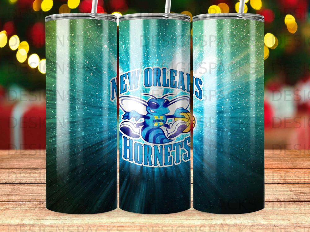 New Orleans Hornets logo on a teal and black gradient tumbler.