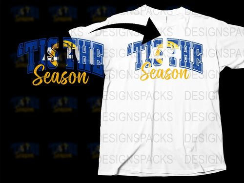 Tis The Season Festive Holiday T-Shirt, Christmas Cheer Graphic Tee, Blue and Yellow Text Design