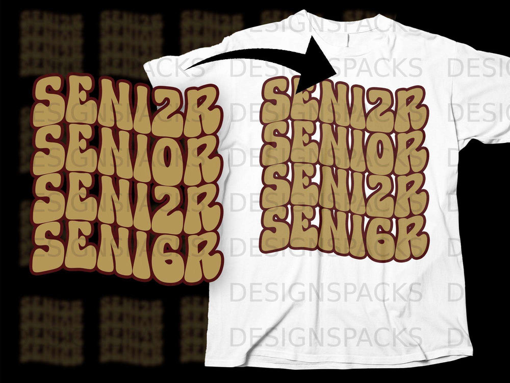 T-shirt mockup with a "Senior" graphic in retro bubble font.