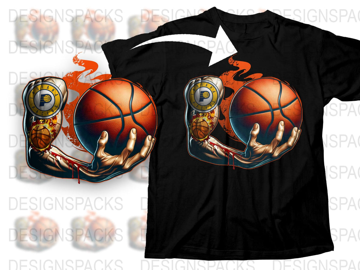 Unique Basketball T-Shirt with Fiery Hands Graphic, Cool Sports Tee, Vibrant Basketball Design, Men's Fashion Shirt