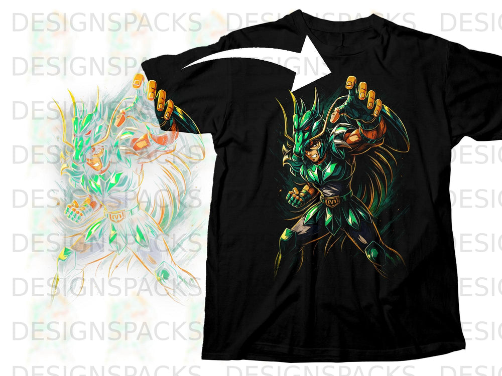 Black t-shirt featuring a green anime warrior with a dragon-like helmet.