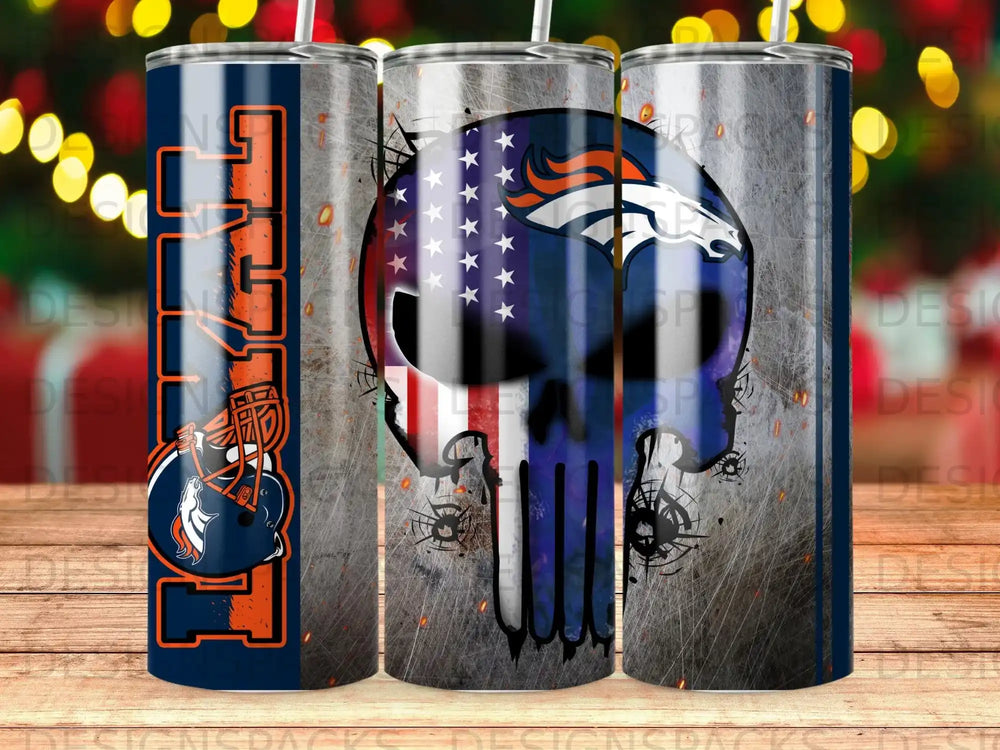 Denver Broncos skull with US flag and team logo on metal background.