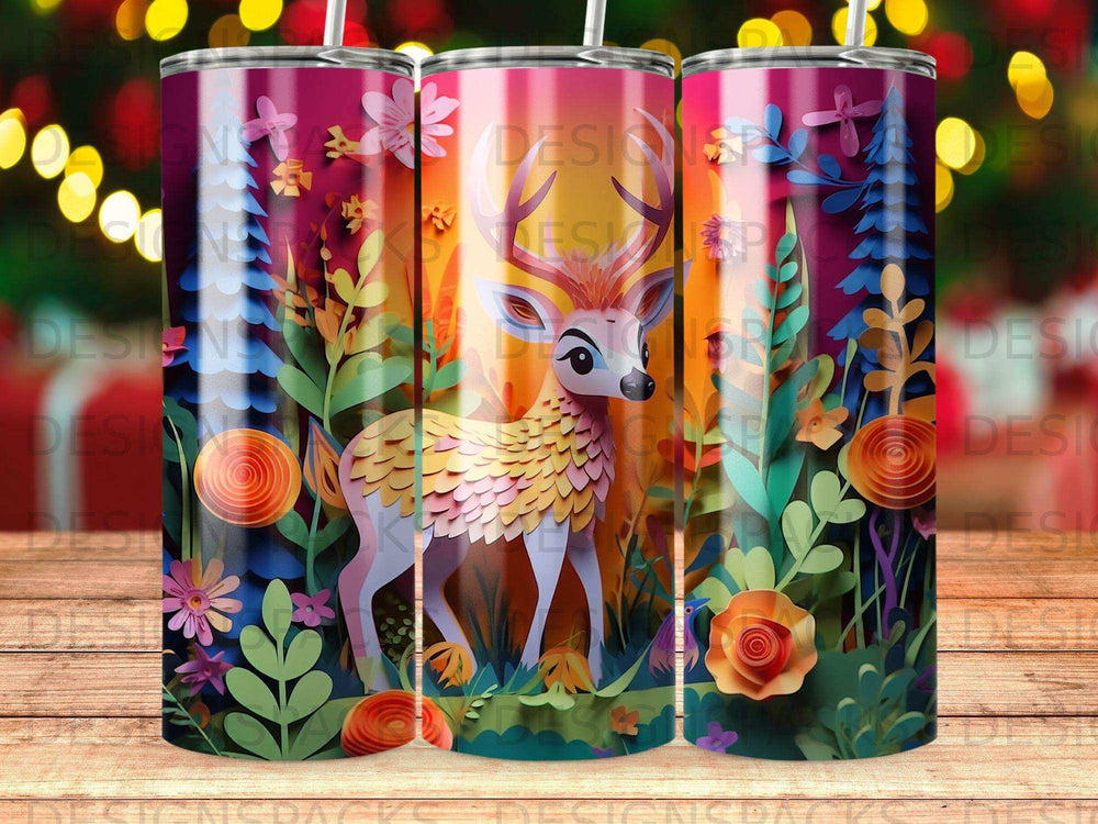 Deer among colorful paper flowers and foliage.