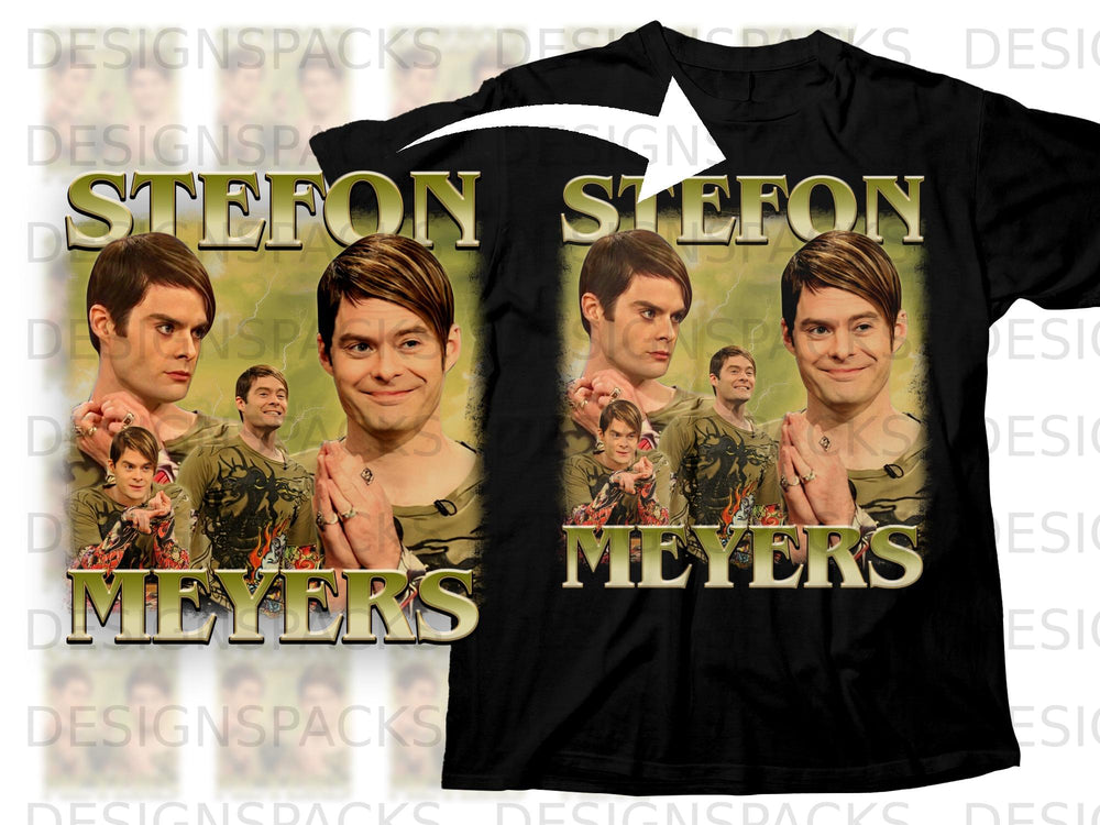 Black t-shirt with "STEFON MEYERS" and collage of Bill Hader photos.
