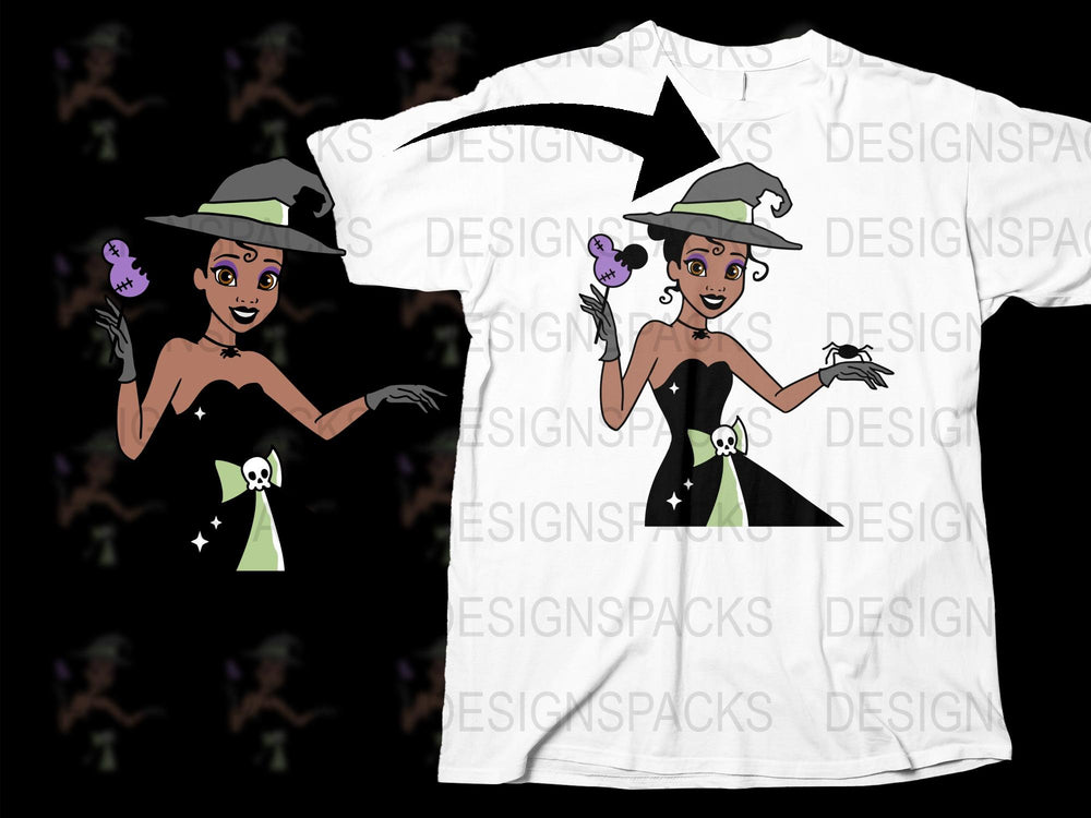 Witch Cartoon Character T-Shirt, Cute Witch Design Tee, Halloween Witch Outfit, Casual Black and White Shirt