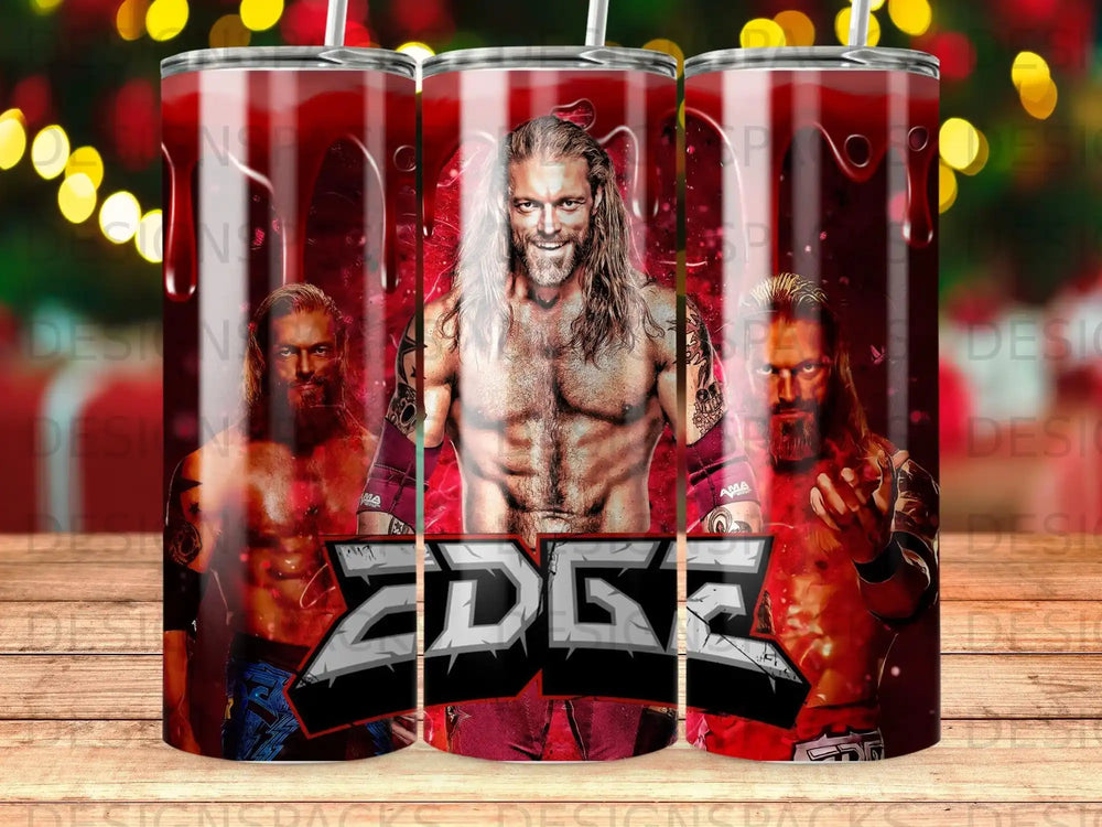 Wrestler Edge on a tumbler with a red, bloody background.