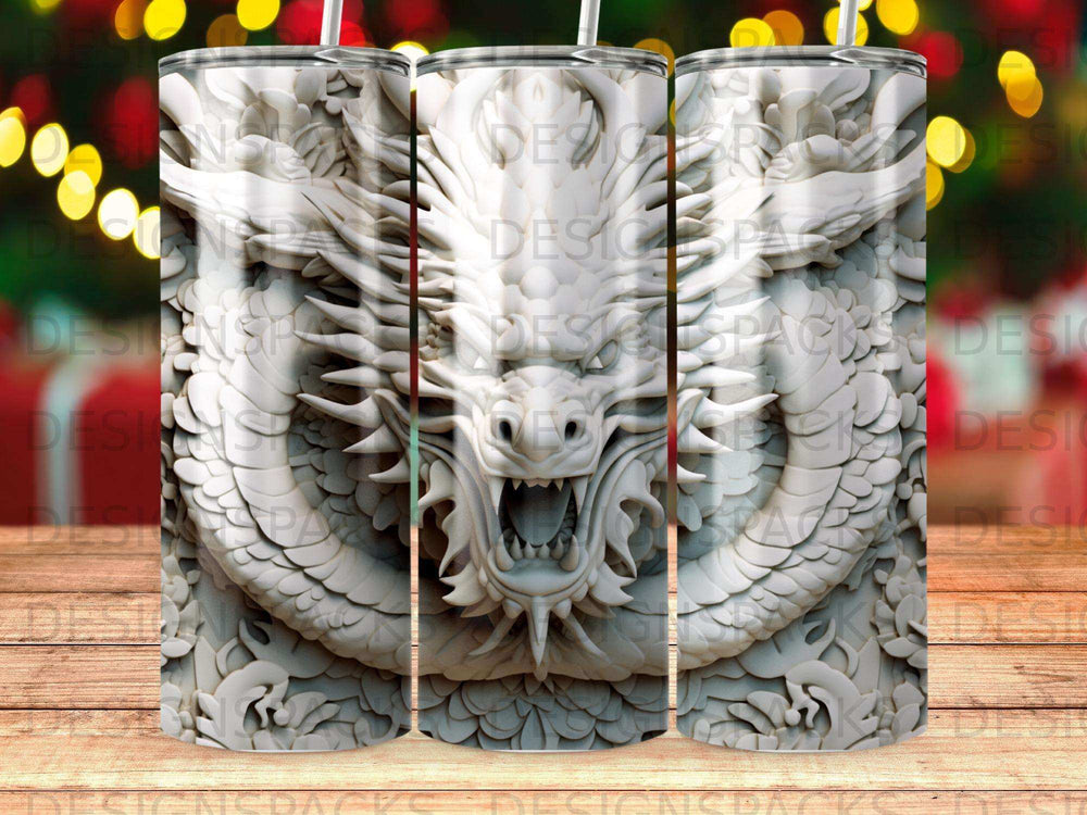White dragon design on a tumbler with a blurred festive background.