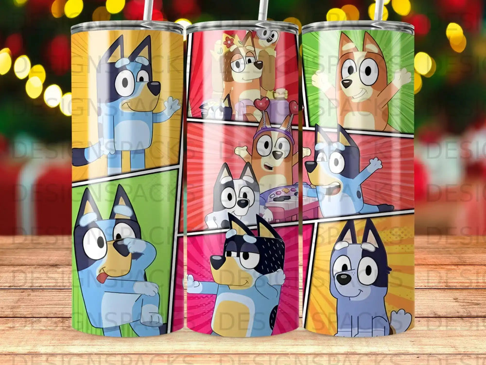 Bluey and Bingo characters on a colorful patterned tumbler.