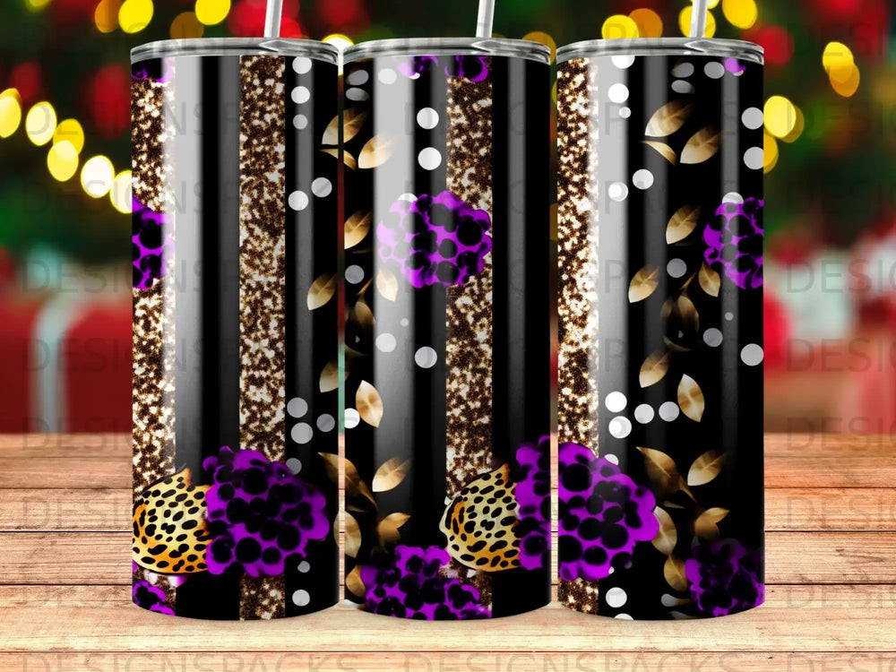 Black tumbler with purple floral pattern and gold leopard print accents.