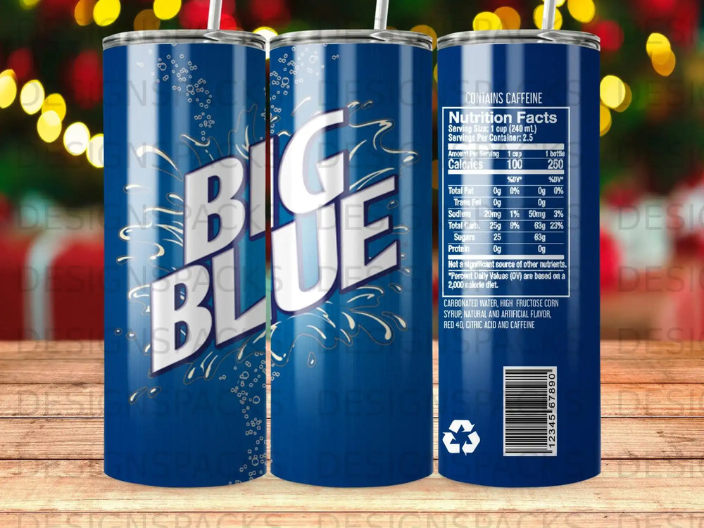 "Big Blue" soda can with nutrition facts label and caffeine warning.