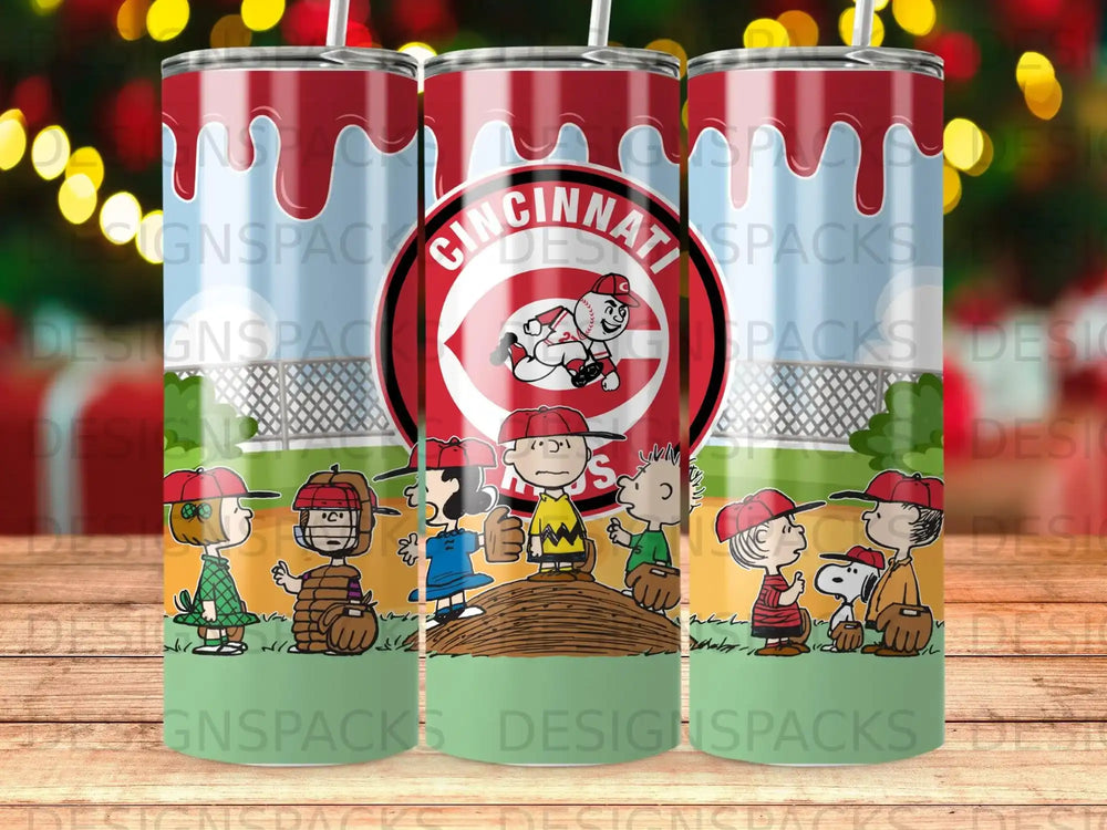 Cincinnati Reds characters on a green speckled tumbler.