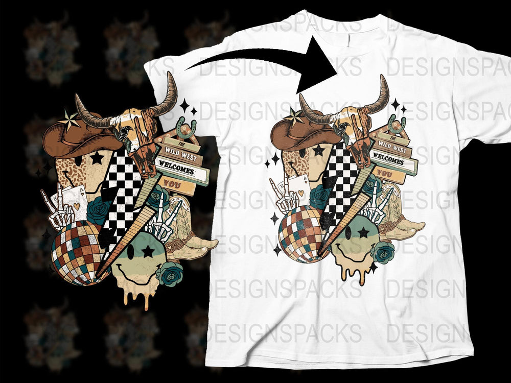 Western Cow Skull T-Shirt, Cowboy Graphic Tee, Bull Horns, Checkered Bandana, Wild West Design Shirt