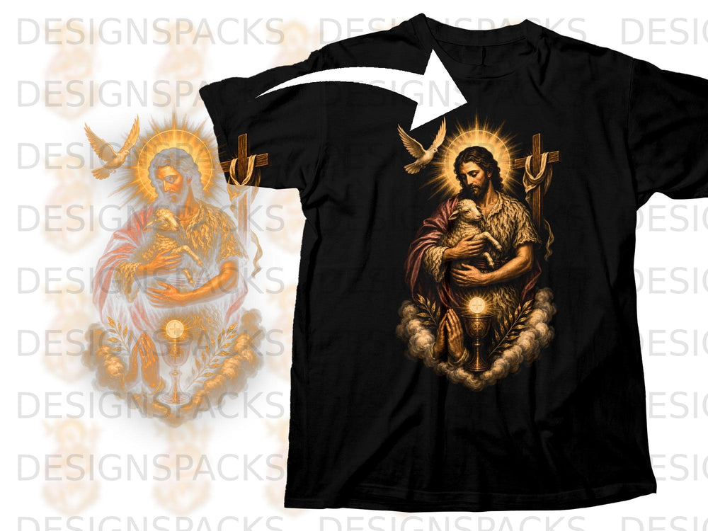 Black t-shirt with religious graphic featuring John the Baptist holding a lamb.