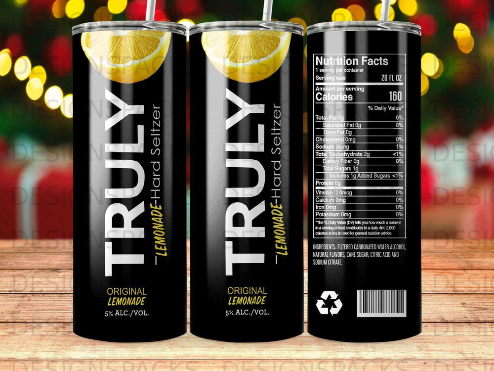 Two cans of Truly Lemonade Hard Seltzer with nutrition facts label.