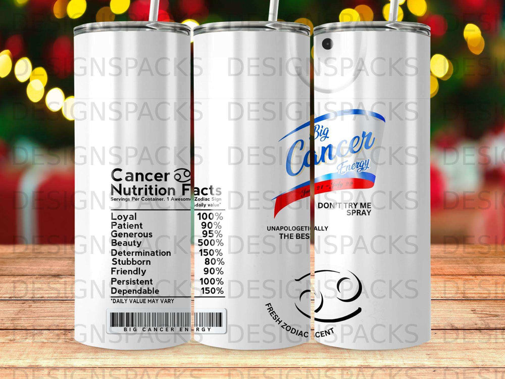 Cancer Zodiac sign nutrition facts tumbler with "Big Cancer Energy" text.