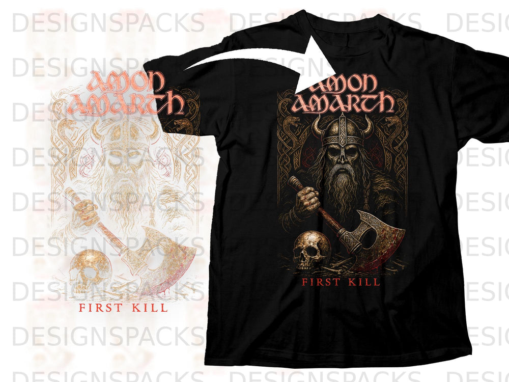Black t-shirt with Amon Amarth logo, a Viking warrior, axe, and skull.