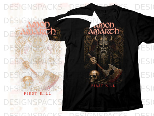 Black t-shirt with Amon Amarth logo, a Viking warrior, axe, and skull.