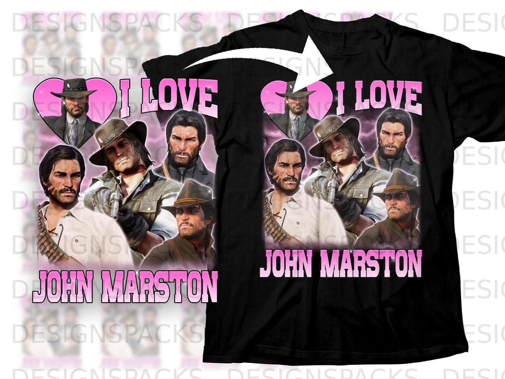 Black t-shirt with "I Love" and John Marston montage graphic.