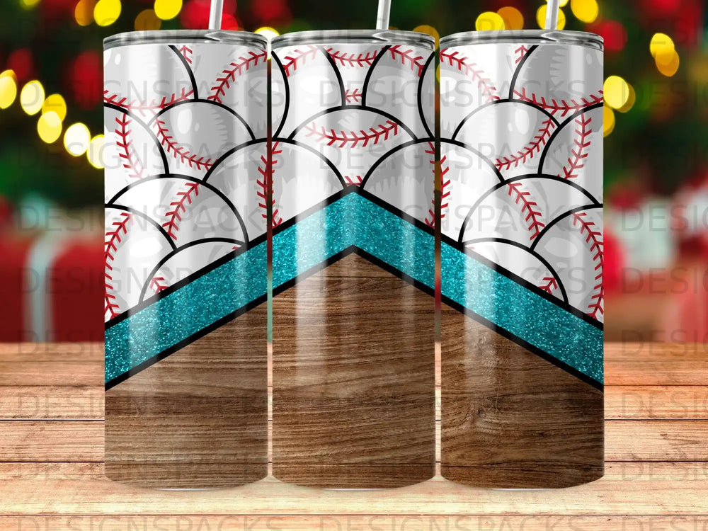 Baseball seam pattern on wood-grain tumbler with teal glitter accent.