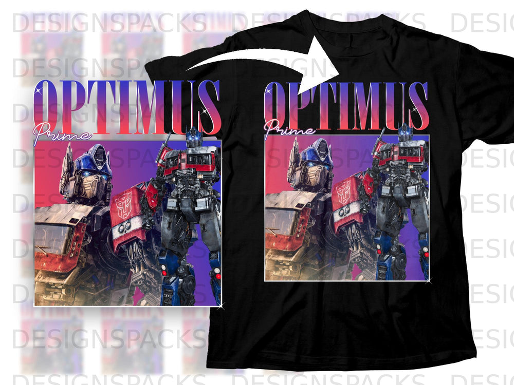 Optimus Prime graphic on a black t-shirt with the title "Optimus Prime."
