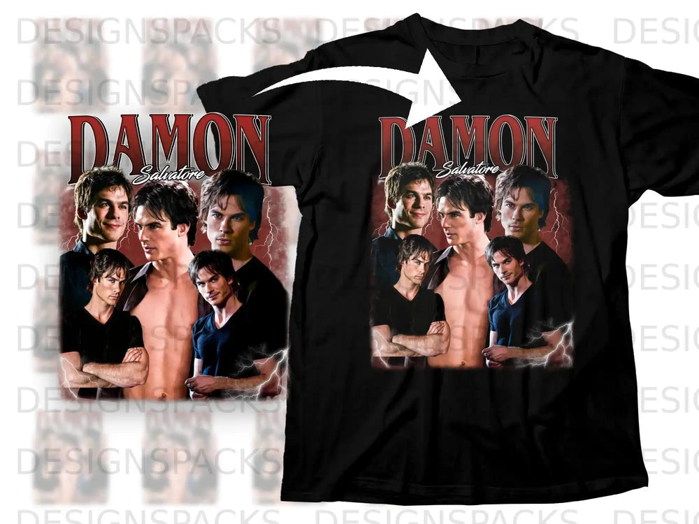 Black t-shirt with Damon Salvatore collage and lightning graphic.