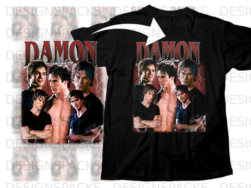 Black t-shirt with Damon Salvatore collage and lightning graphic.