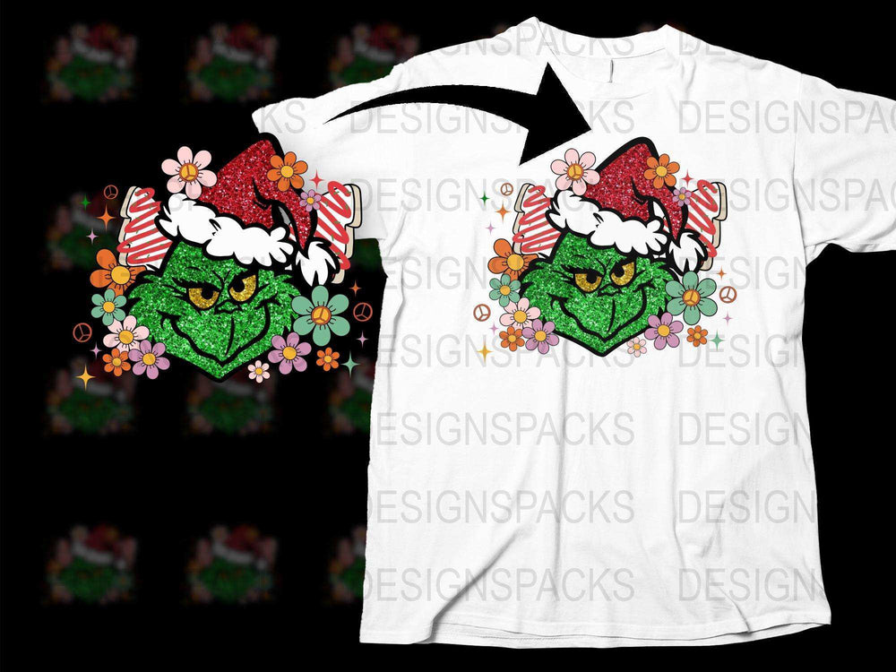 Christmas Grinch T-Shirt, Floral Santa Hat Design, Festive Holiday Tee for Men and Women