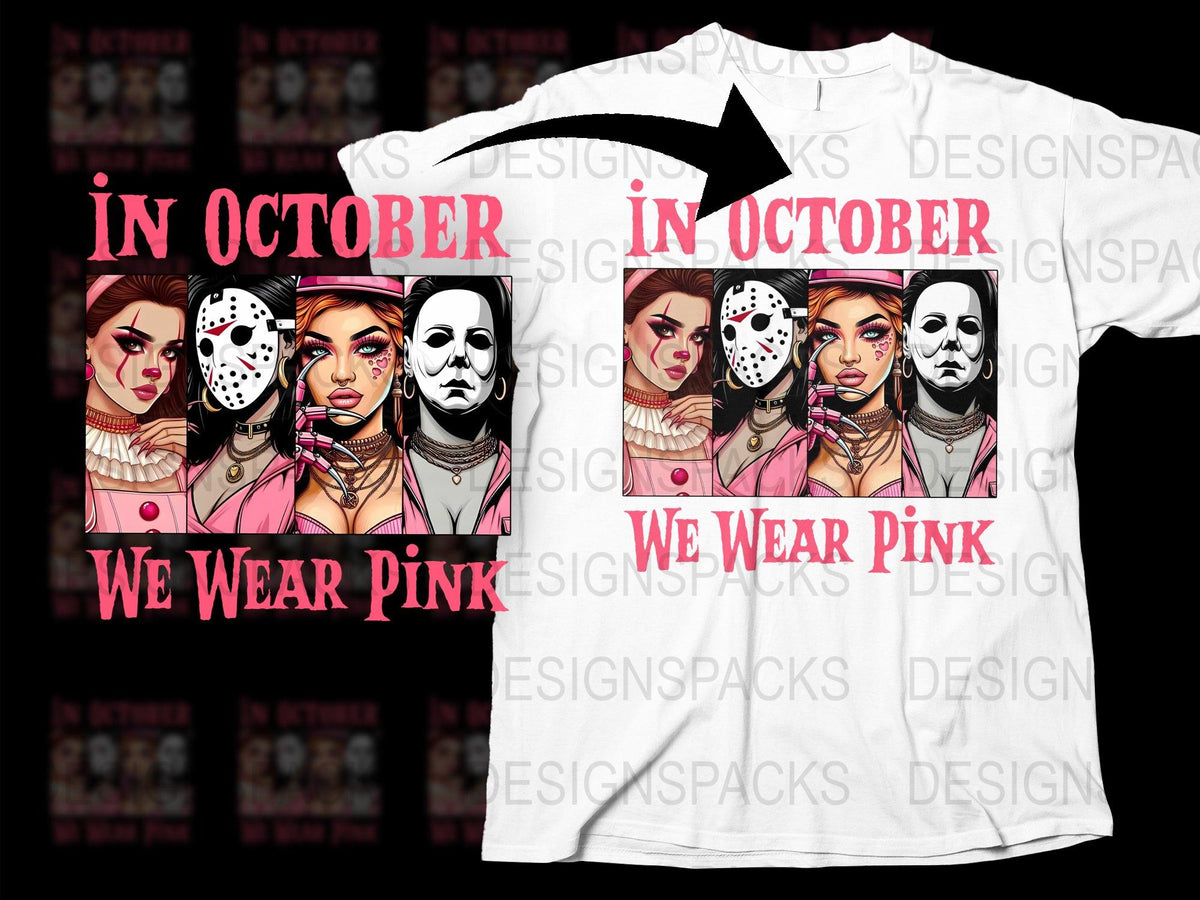 Halloween Horror Movie Icons T-Shirt, 'In October We Wear Pink' Funny Halloween Tee, Graphic Pop Culture Shirt