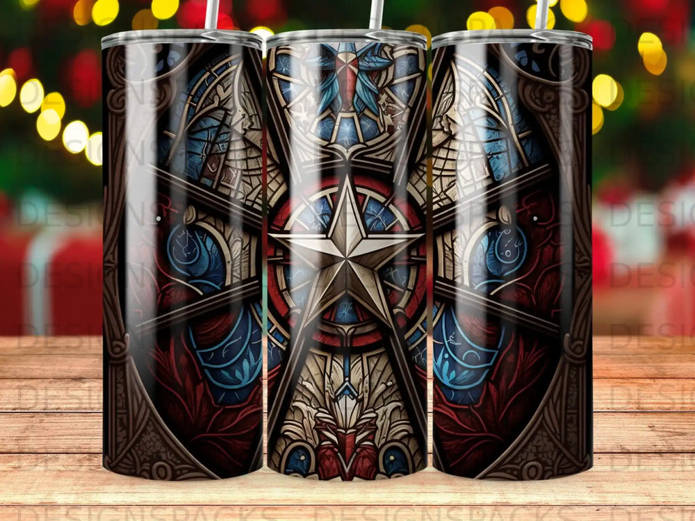 Stained glass tumbler design featuring a star and floral motifs.