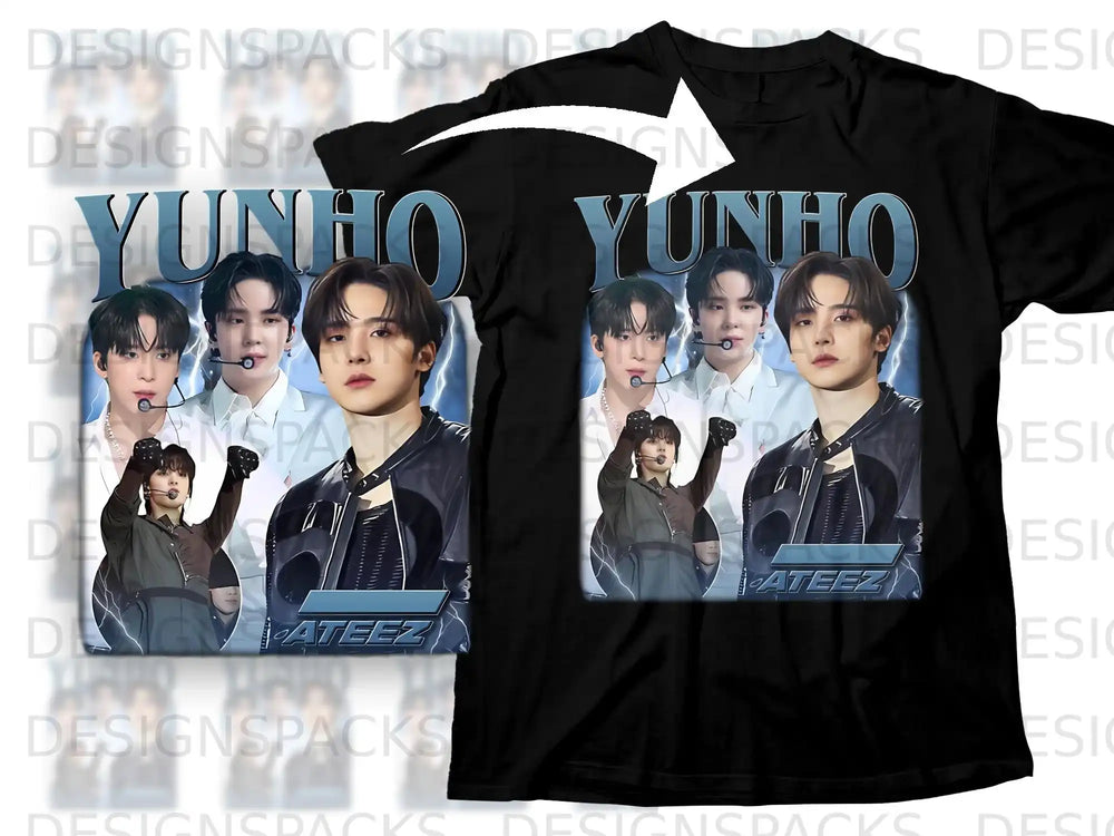 ATEEZ Yunho t-shirt with black background and lightning design