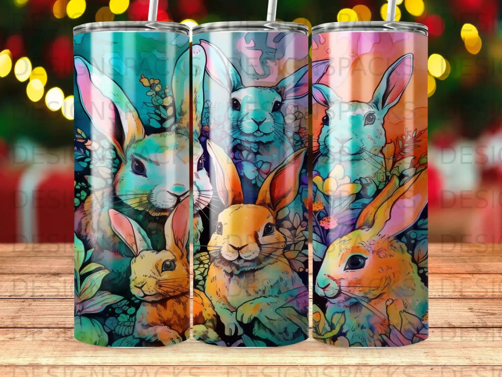 Four colorful cartoon rabbits with large ears on a dark floral background.