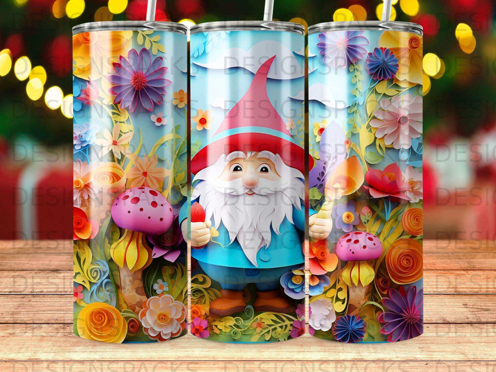 Gnome holding a mushroom surrounded by vibrant, colorful paper flowers and plants.